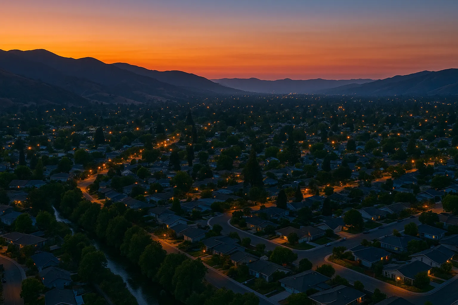 Landscape-oriented aerial dusk image of Cambrian Park showing the Los Gatos Creek lined by trees, a grid of single-family homes with glowing streetlights, winding roads, and the Santa Cruz Mountains ridgeline under a smooth gradient from sunset orange to deep twilight blue.